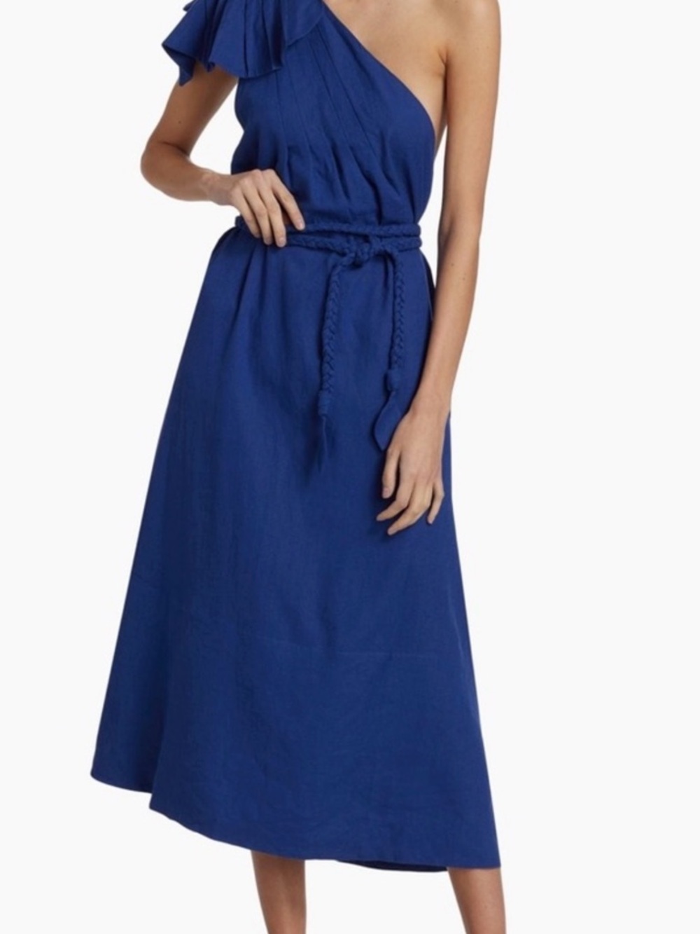 FARM Rio One-Shoulder Cobalt Blue Midi Dress with Braided Belt